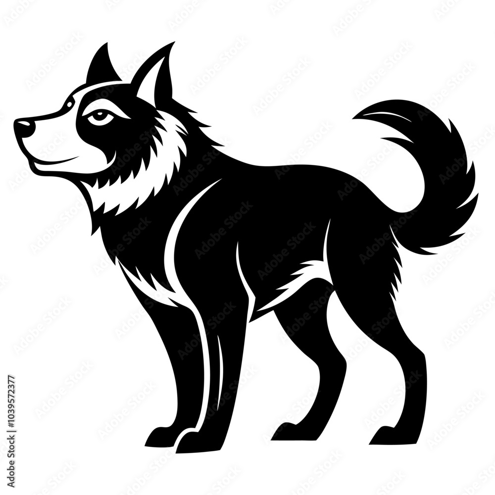 A black and white silhouette of a friendly dog with a wagging tail, playfully standing with an open posture, inviting interaction and exuding warmth. A black and white silhouette of a friendly dog with a wagging tail, playfully standing with an open posture, inviting interaction and exuding warmth.