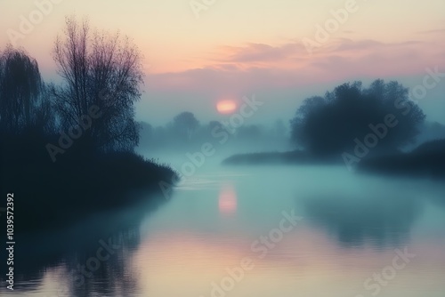 Serene Misty Morning Over a Tranquil River at Dawn