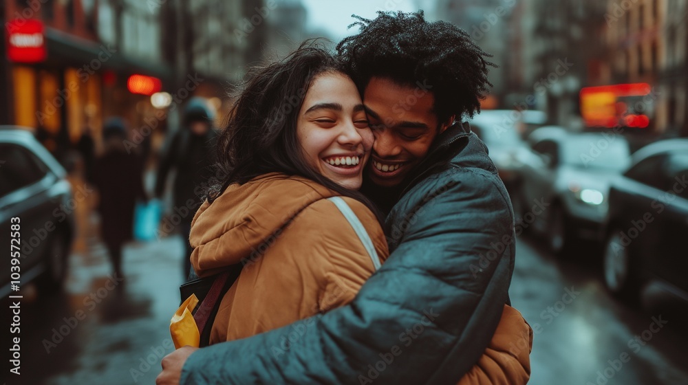 Fototapeta premium Two young people hugging each other while walking down the street