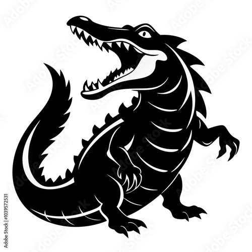 A black and white silhouette of a crocodile standing on two legs with its mouth wide open, showcasing its sharp teeth while exuding a sense of power and dominance.