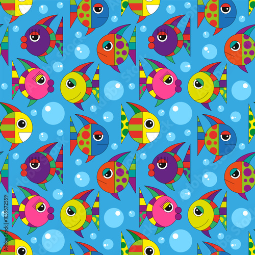 Colorful vector illustration. Geometric abstract with various face expressions fish on bright background. Seamless pattern.	
