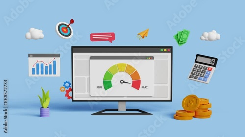 Risk management concept. High risk, high return, performance indicator, risky market investments. Maximum risk factor and invest strategy. 3D computer with maximum risk speedometer. 4K 3D animation