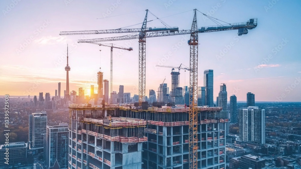 Skyscraper construction with a backdrop of city skyline, illustrating urban development projects. Skyscraper construction with a backdrop of city skyline, illustrating urban development projects.