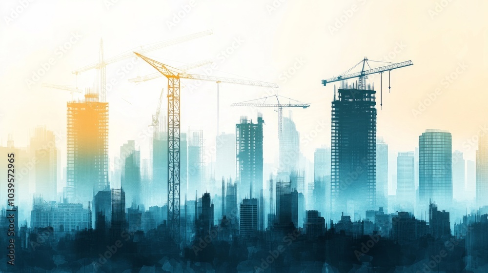 Obraz premium Skyscraper construction with a backdrop of city skyline, illustrating urban development projects.