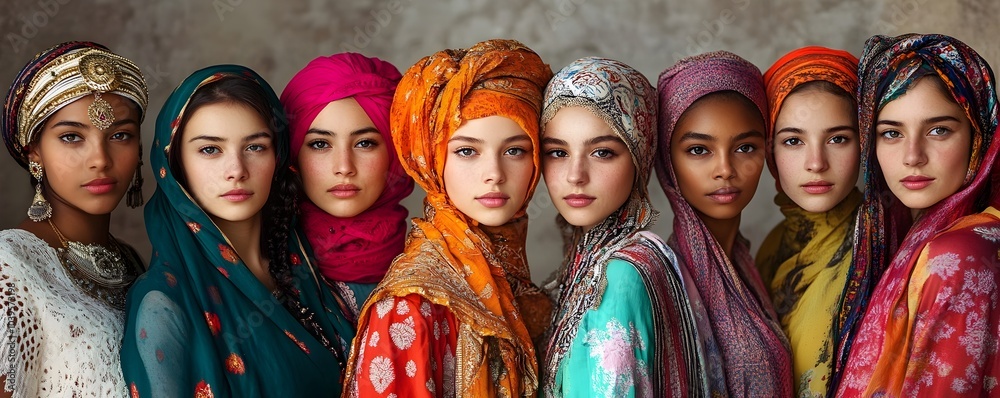 Diverse Women in Traditional Attire Standing Together with Cultural Respect Diverse Women in Traditional Attire Standing Together with Cultural Respect