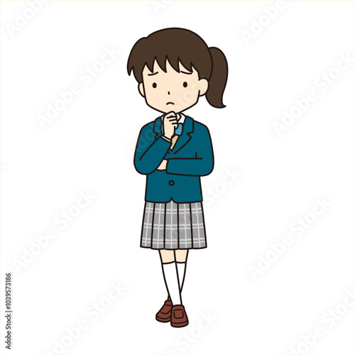 シンプルでかわいい学生イラスト（腕組み・考える・ブレザー）