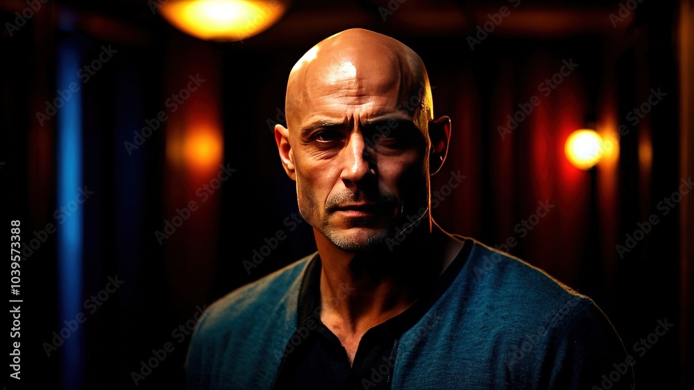 Low Light Portrait of a Bald Man - Dramatic Lighting, Shadows, and Texture Low Light Portrait of a Bald Man - Dramatic Lighting, Shadows, and Texture