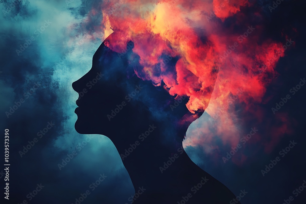 A silhouette of a woman with vibrant clouds inside her head, symbolizing creativity, imagination, and emotional intensity in a surreal, dreamlike atmosphere. A silhouette of a woman with vibrant clouds inside her head, symbolizing creativity, imagination, and emotional intensity in a surreal, dreamlike atmosphere.