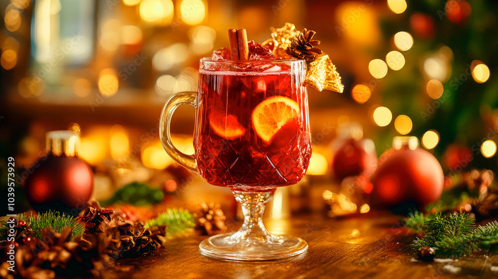 Mulled wine with orange, pomegranate and cinnamon in glasses on a dark background. Mulled wine with orange, pomegranate and cinnamon in glasses on a dark background.