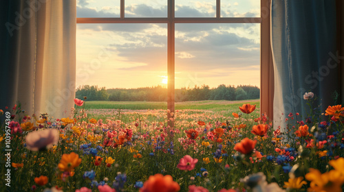 Beautiful view of the garden filled with blossomed flowers from the open window.