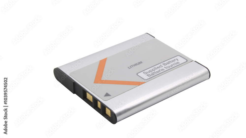 Old lithium battery from a camera with gold contacts on an isolated background. Old lithium battery from a camera with gold contacts on an isolated background.