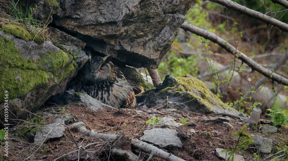 Eurasian eagle owl (Bubo bubo) family, baby owlets with their mother Eurasian eagle owl (Bubo bubo) family, baby owlets with their mother