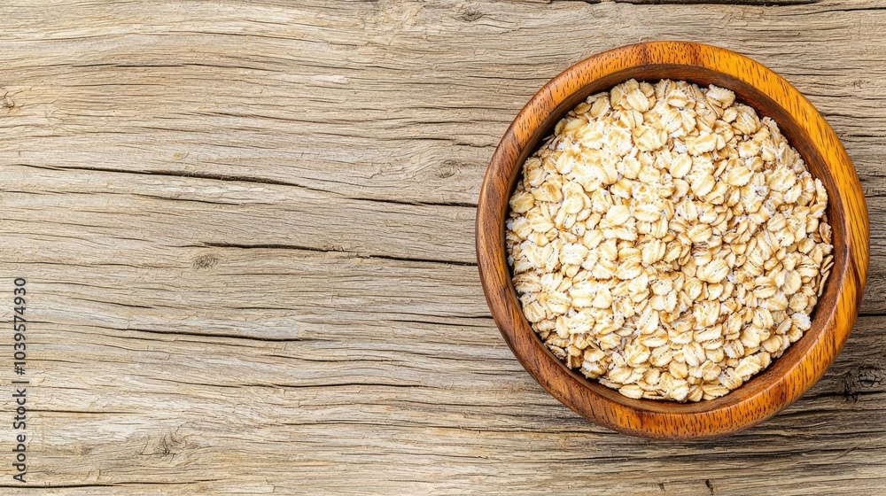 Oats in wooden bowl on rustic wooden table, natural and healthy food product. Oats in wooden bowl on rustic wooden table, natural and healthy food product.