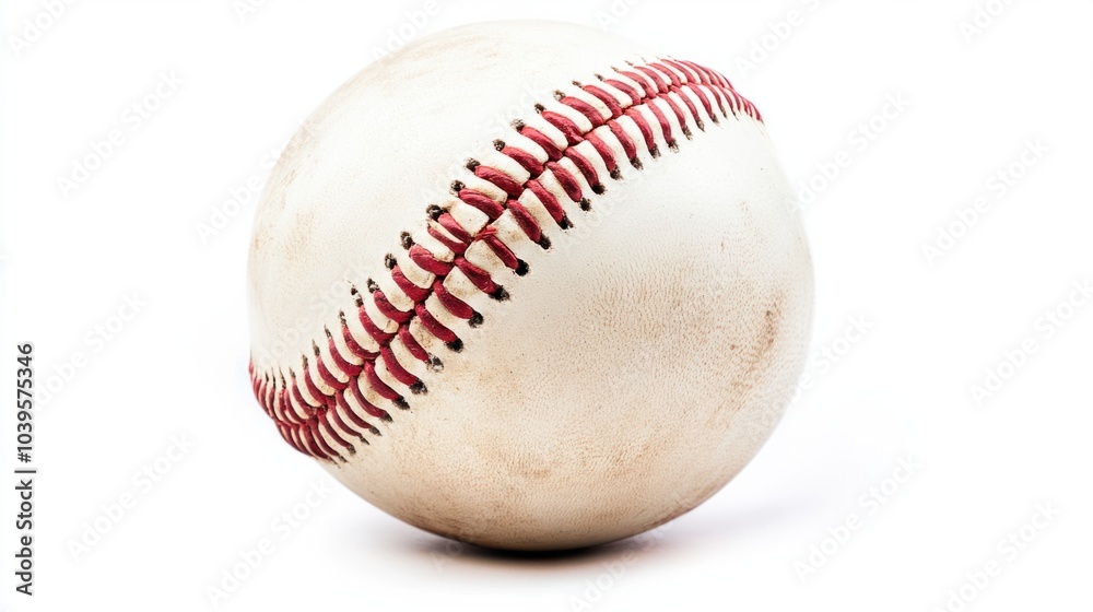 Classic baseball slightly tilted, red stitches creating a sharp contrast, isolated on white background Classic baseball slightly tilted, red stitches creating a sharp contrast, isolated on white background