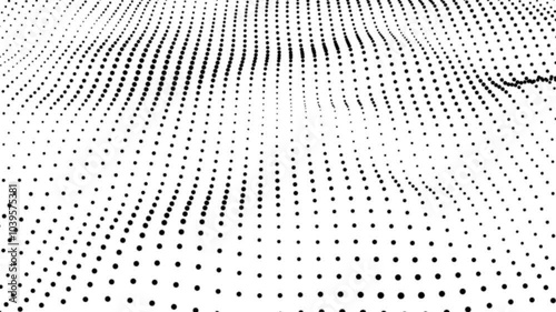 Big data visualization. Abstract white background with a dynamic black dot wave. Abstract seamless animation of mesh dots digital luxurious wave particles flows background.