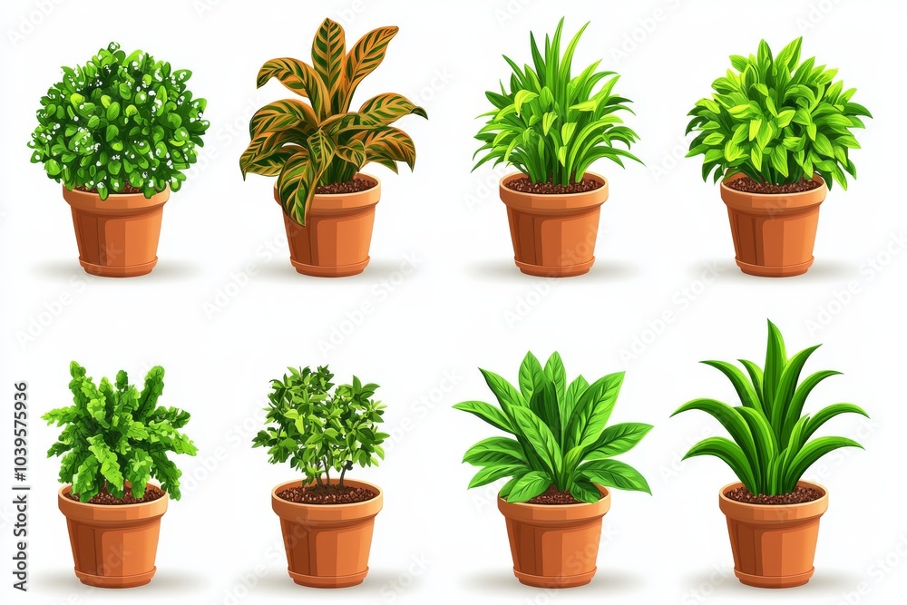 Obraz premium Variety of potted houseplants in terracotta pots showcasing modern indoor gardening plant care and minimalist home decor trends with vibrant greenery