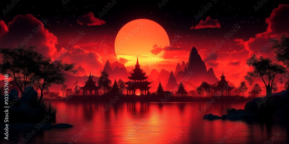 Asian Thailand Landscape with Moon banner. Asian Thailand Landscape with Moon banner.