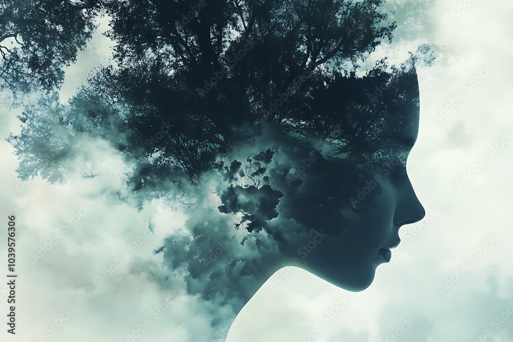 A serene silhouette of a woman with trees and clouds merging into her head, symbolizing the harmony between nature and thoughts in a calm, introspective dreamlike state.