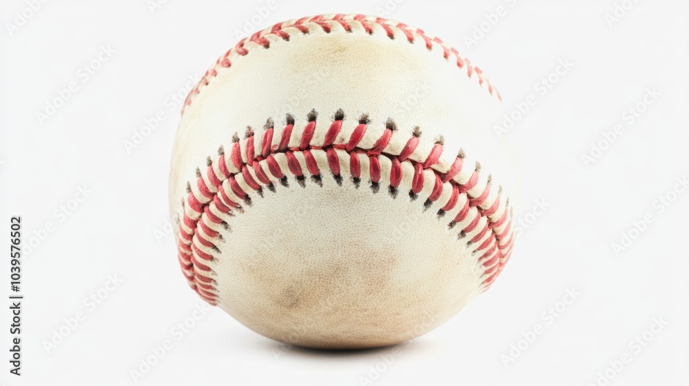 Fresh, new baseball placed in the center of the frame, bright red stitches popping, isolated on white background Fresh, new baseball placed in the center of the frame, bright red stitches popping, isolated on white background