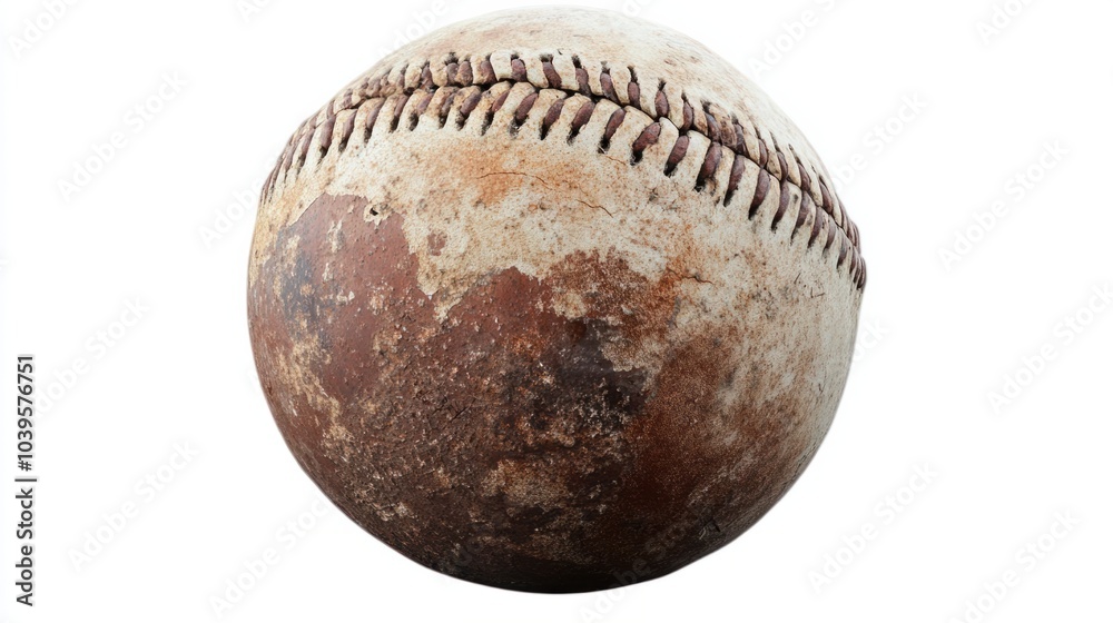 Old, scuffed baseball with faded stitching, showing wear and tear, isolated on white background