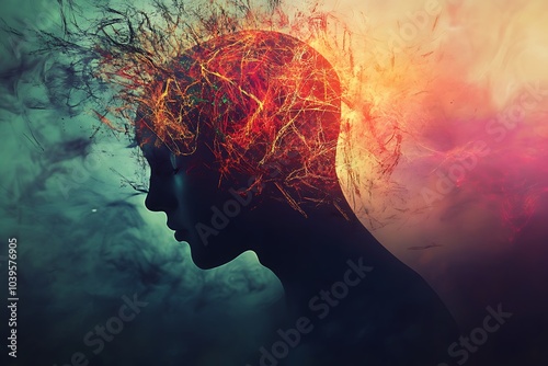 A surreal silhouette of a human head with fiery neural connections, symbolizing creativity, intense thoughts, and the electrifying energy of the mind.