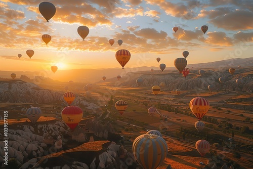 A breathtaking view of a sunrise over a valley with numerous hot air balloons floating in the sky. photo