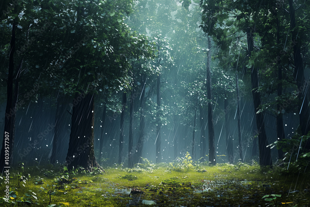 Obraz premium A dense forest scene with tall trees,