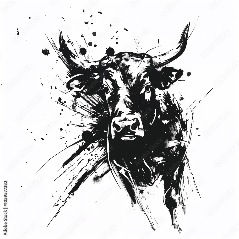 Dynamic black-and-white illustration of a cow's head with ink splashes, powerful and expressive design Dynamic black-and-white illustration of a cow's head with ink splashes, powerful and expressive design