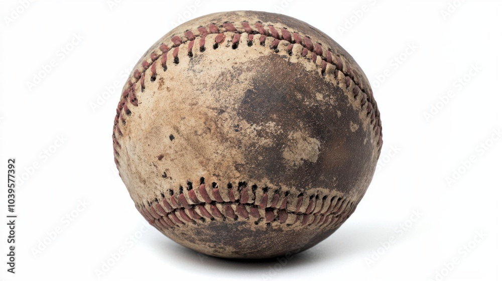 Well-worn baseball with dirt smudges and faded stitching, isolated on white background Well-worn baseball with dirt smudges and faded stitching, isolated on white background