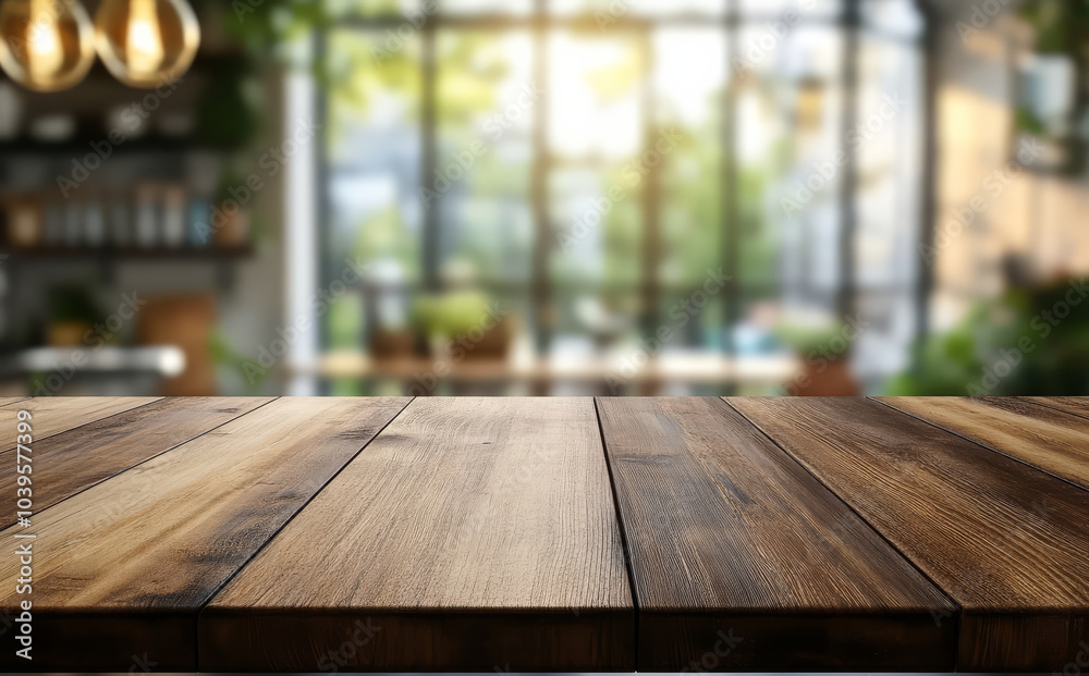Wooden table top with blurred kitchen interior in background, featuring warm lighting and cozy atmosphere. natural wood texture adds rustic charm to scene Wooden table top with blurred kitchen interior in background, featuring warm lighting and cozy atmosphere. natural wood texture adds rustic charm to scene