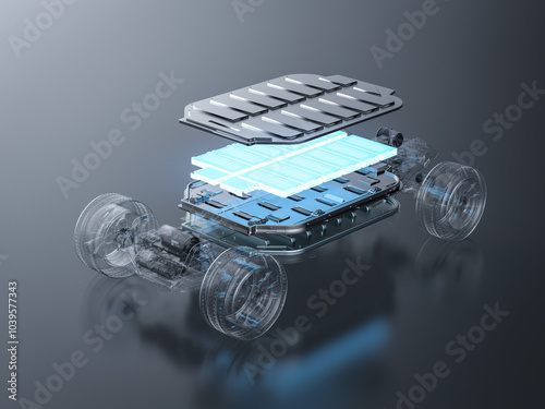 Exploded view of ev car or electric vehicle with battery pouch cells photo