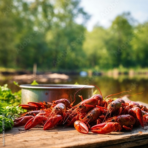 Freshly Caught Crayfish on a Sunlit Table by a Riverbank 