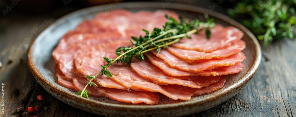 Sliced meat on a plate with fresh herbs, rustic wooden background. Sliced meat on a plate with fresh herbs, rustic wooden background.