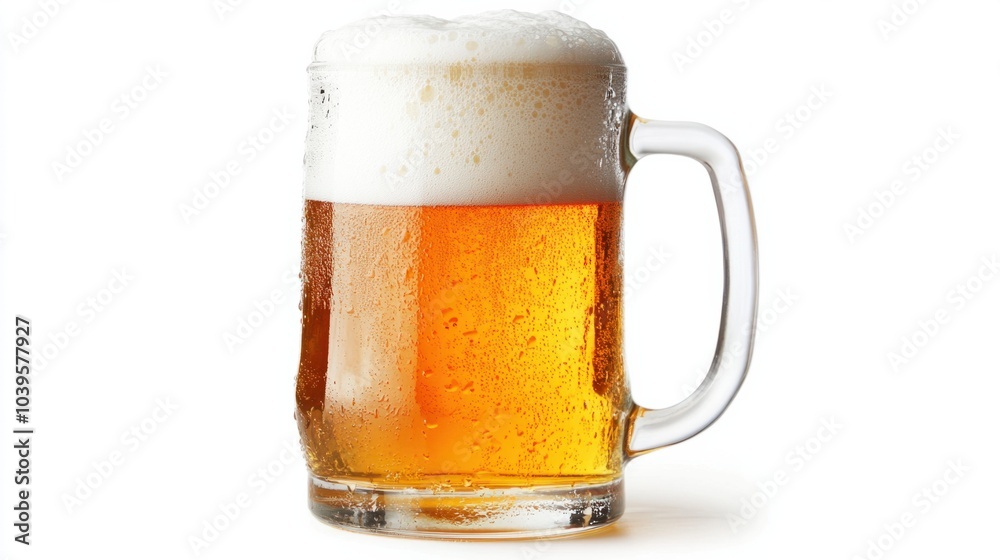 Beer stein filled with golden beer and a thick layer of foam, isolated on white background Beer stein filled with golden beer and a thick layer of foam, isolated on white background