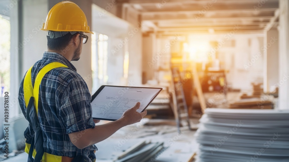 Worker reviewing project plans on a tablet at a construction site, representing modern technology in construction. Worker reviewing project plans on a tablet at a construction site, representing modern technology in construction.