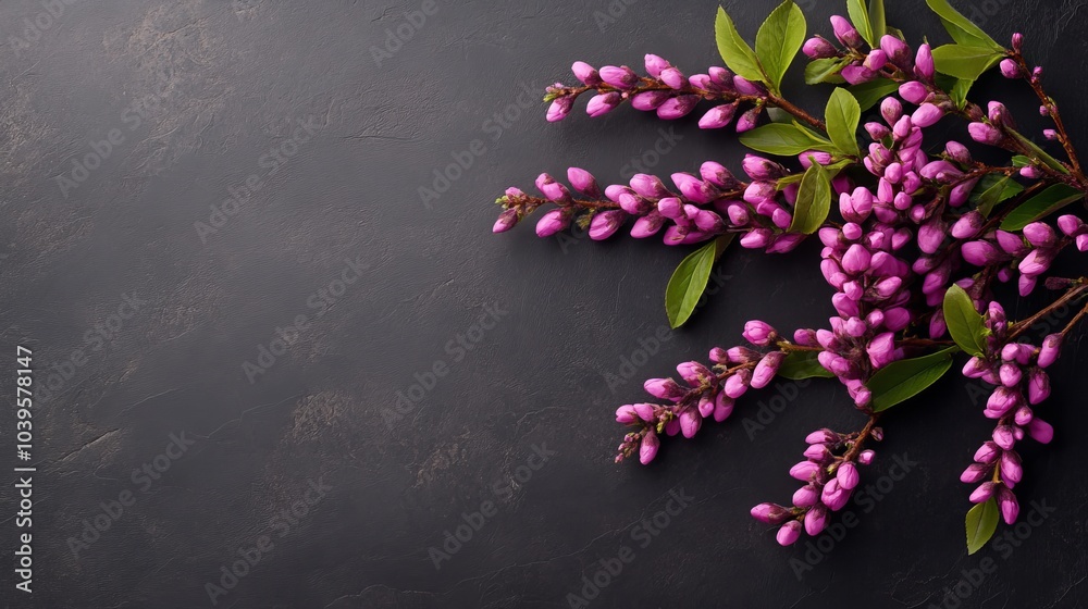 Fototapeta premium A group of purple flowers sits atop a black countertop, adjacent to a green leafy plant on a black surface