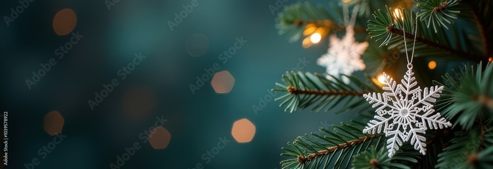 elegant minimalist Christmas tree decoration, detailed white snowflake lace macrame ornaments hanging from fresh pine spruce branches, soft bokeh lights in dark teal background, copy space. New Year,