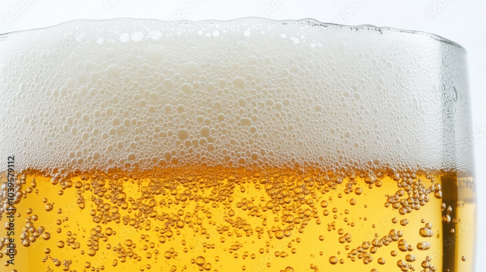 Frosted glass of light beer with bubbles rising, thick foam on top, isolated on white background Frosted glass of light beer with bubbles rising, thick foam on top, isolated on white background