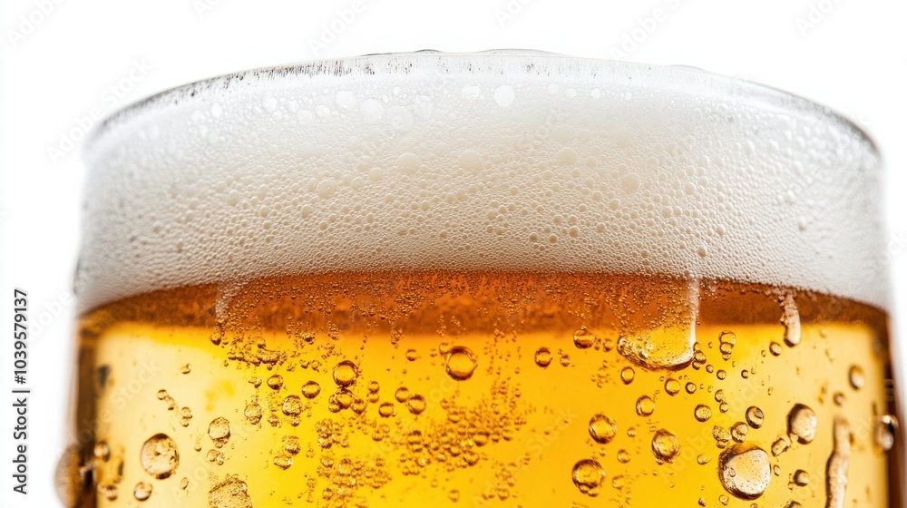 Frosted glass of light beer with bubbles rising, thick foam on top, isolated on white background Frosted glass of light beer with bubbles rising, thick foam on top, isolated on white background