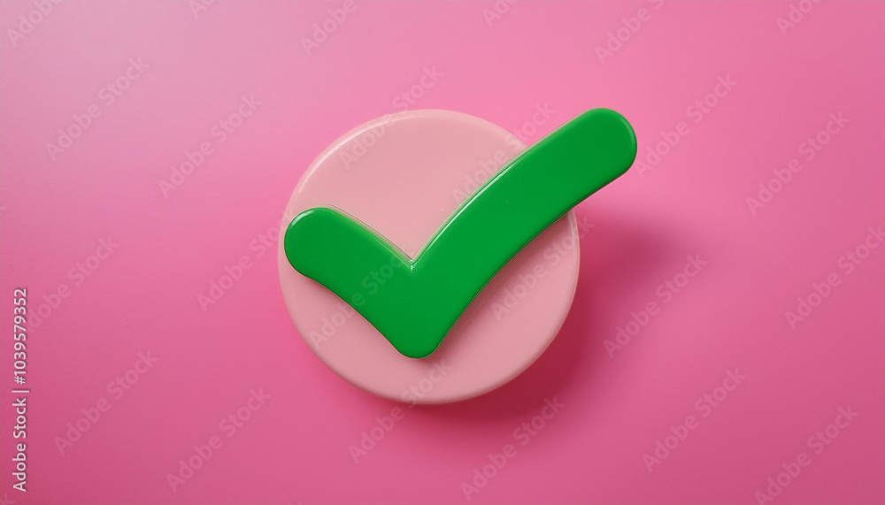 Green 3D tick icon, done symbol, check mark on pink background. Green 3D tick icon, done symbol, check mark on pink background.
