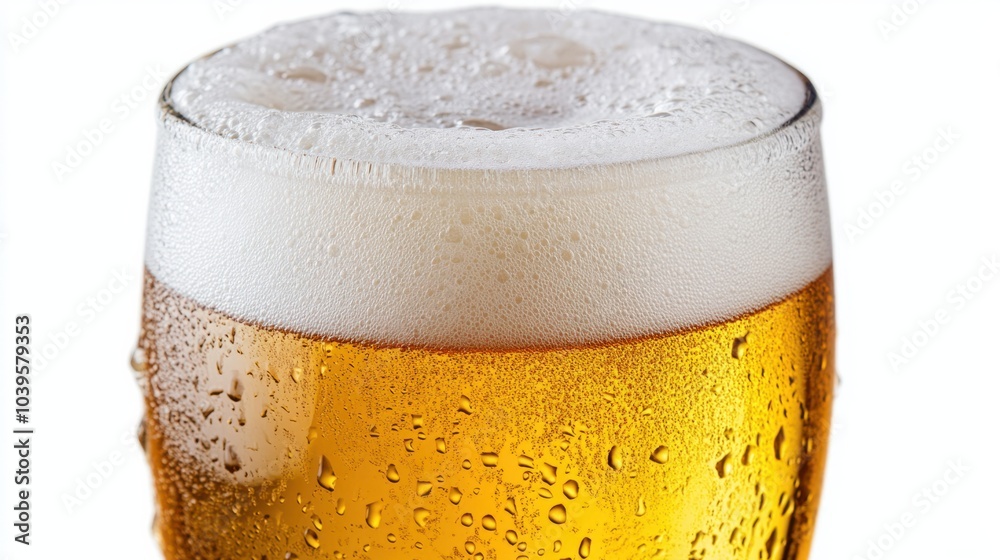 Frosty glass of pilsner beer with light golden hue and thick foam, condensation forming, isolated on white background Frosty glass of pilsner beer with light golden hue and thick foam, condensation forming, isolated on white background