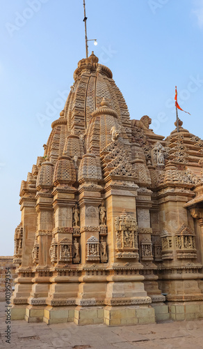 Beautifully carved shikhara of Shri Trinetreshwar Mahadev Temple, Taranetar, Surendranagar, Gujarat, India. photo