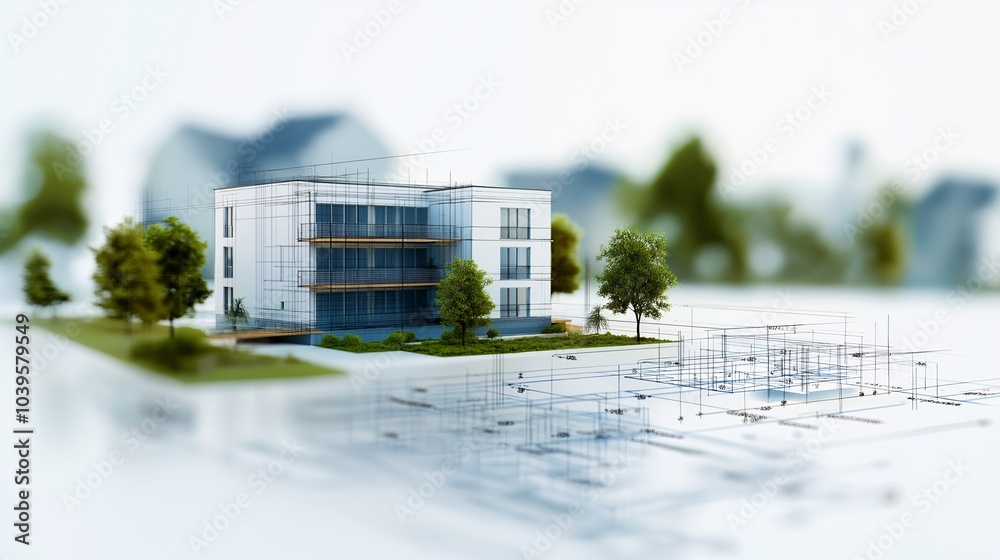 © Pojjanee - Dream Home Blueprint: A miniature model of a modern suburban house sits atop a detailed blueprint, showcasing the architectural vision and meticulous planning that goes into building a dream home. © Pojjanee - Dream Home Blueprint: A miniature model of a modern suburban house sits atop a detailed blueprint, showcasing the architectural vision and meticulous planning that goes into building a dream home.