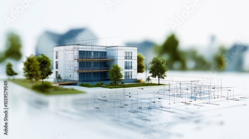 Wallpaper Mural Dream Home Blueprint: A miniature model of a modern suburban house sits atop a detailed blueprint, showcasing the architectural vision and meticulous planning that goes into building a dream home.   Torontodigital.ca