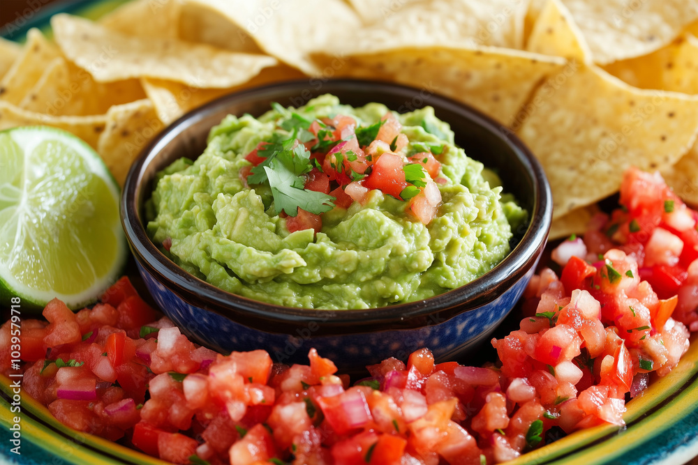 Guacamole with a side of colorful salsa and tortilla chips on a serving platter Guacamole with a side of colorful salsa and tortilla chips on a serving platter
