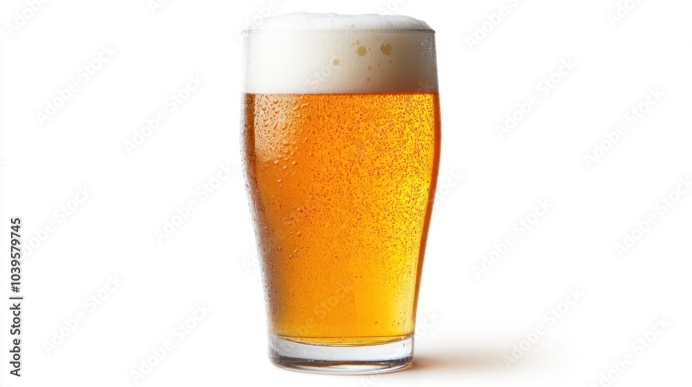 Full pint of golden lager with a fluffy, white foam head, condensation visible, isolated on white background Full pint of golden lager with a fluffy, white foam head, condensation visible, isolated on white background