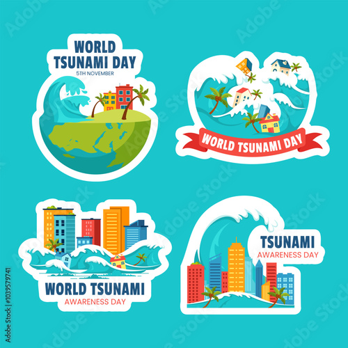 Global Tsunami Awareness Social Media Label in Flat Cartoon Style Illustration