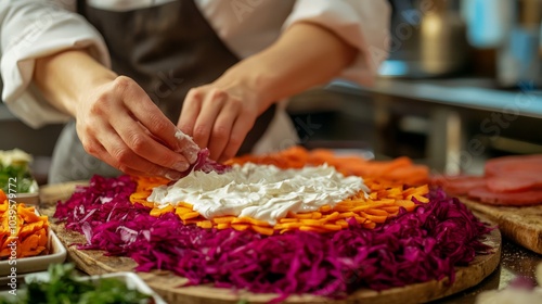 A cozy kitchen setting where a woman chef is preparing the traditional Shuba salad, also known as herring under a fur coat. Layers of colorful ingredients are being carefully arranged photo