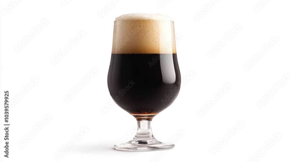 Glass of dark porter beer with a foamy top, isolated on white background