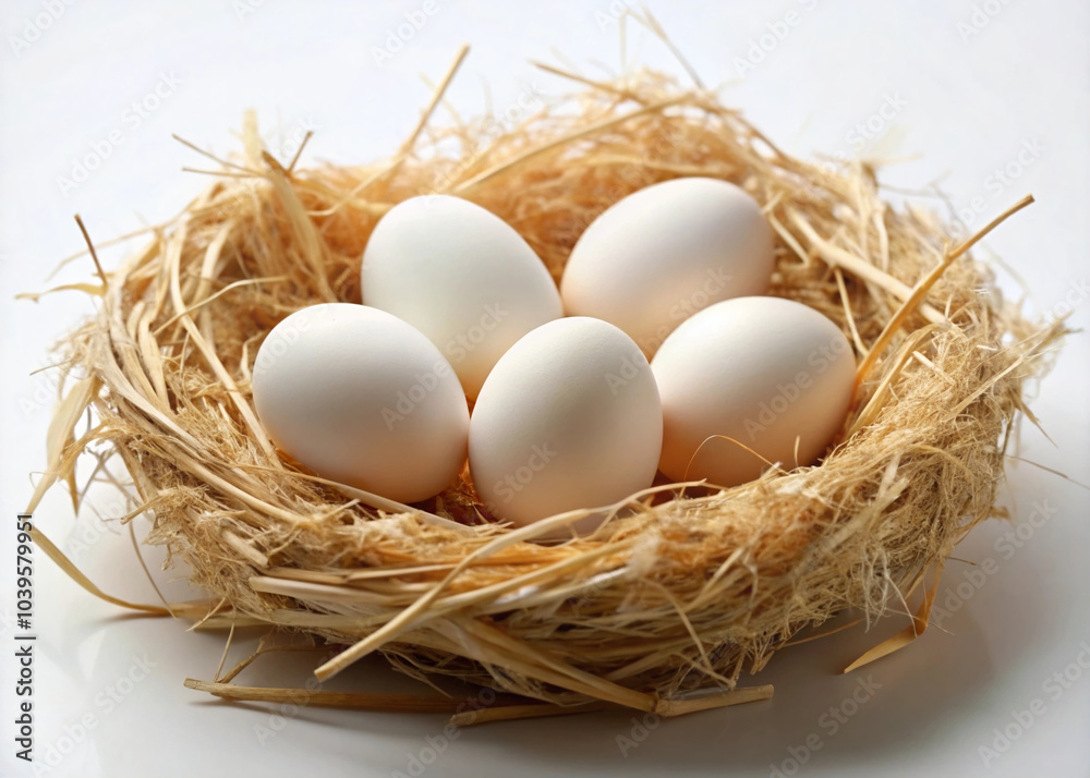 White Chicken Eggs Arranged in a Nest of Straw Grass White Chicken Eggs Arranged in a Nest of Straw Grass